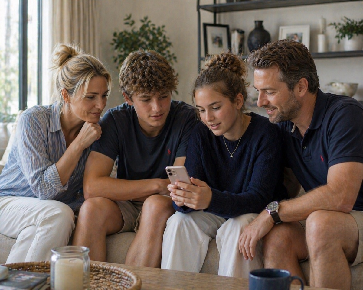 A parent and teenager sitting together, relaxed and at ease