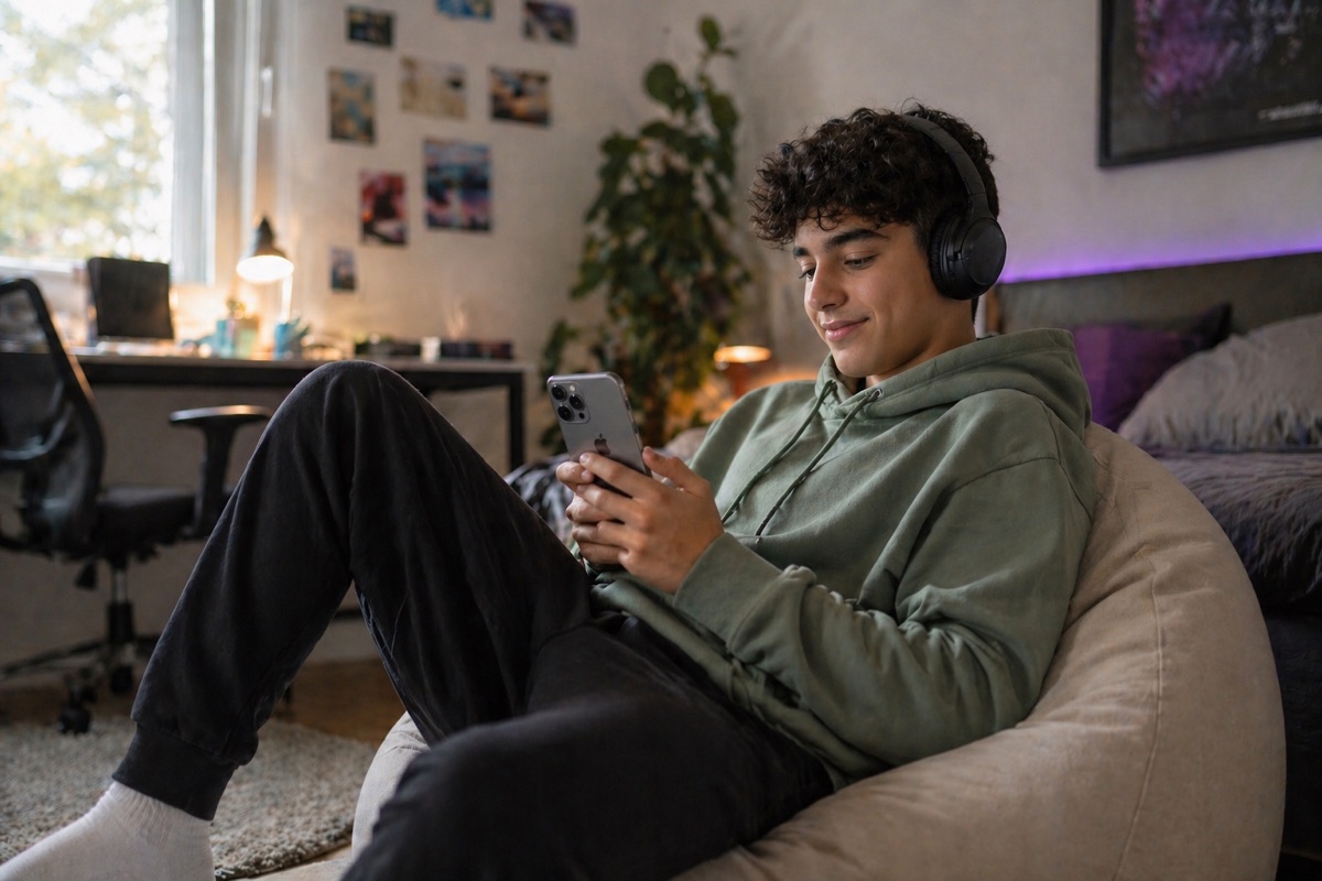 A teenager sitting comfortably, looking relaxed and thoughtful